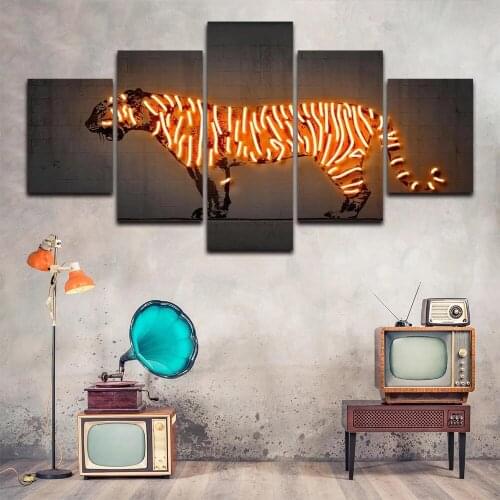 Abstract Picture Printed Painting 5 Pcs Animal Fire Tiger Modular Poster Wall Art for Living Room Home Decor No Framework Canvas