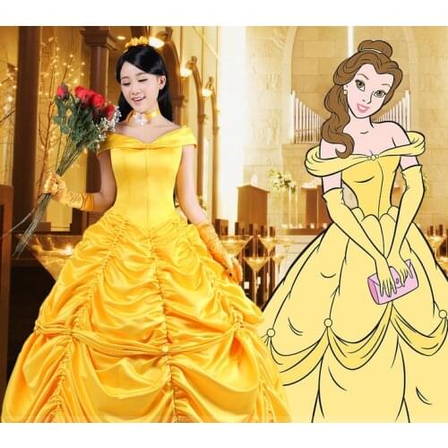 Movie Beauty and Beast Princess Belle Golden Flowery Cosplay Satin Dress Costume