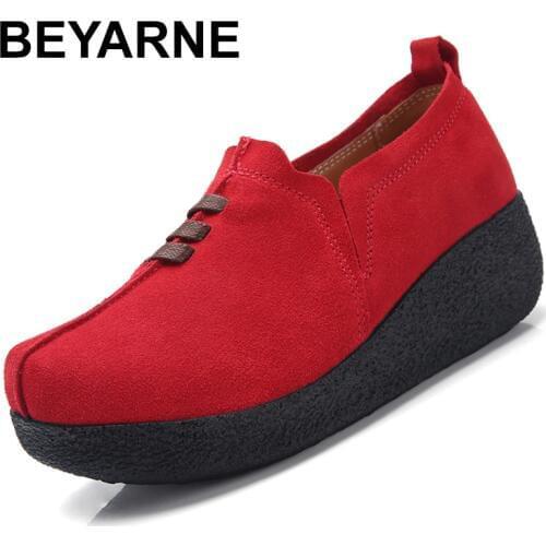 BEYARNEPlus Size 35-43 Women Flat Platform Coin Loafers Suede Leather Slip On Ladies SpringShoes Flats Women CreepersSneakerE084
