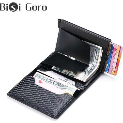 BISI GORO Anti-theft Rfid Blocking Security Smart Wallet Men Vintage Wallet PU Leather Unisex Carbon Fiber Aluminum Mini Purse