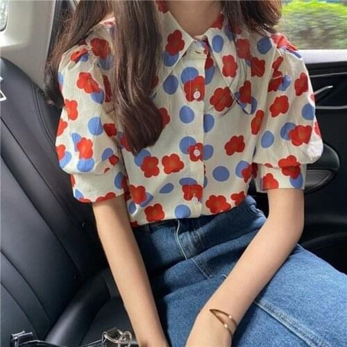 Blusas Chic Print Button Up Women Shirts 2021 Summer Blouses Vintage Elegant Korean Shirt Fashion Puff Sleeve Ladies Tops 15791