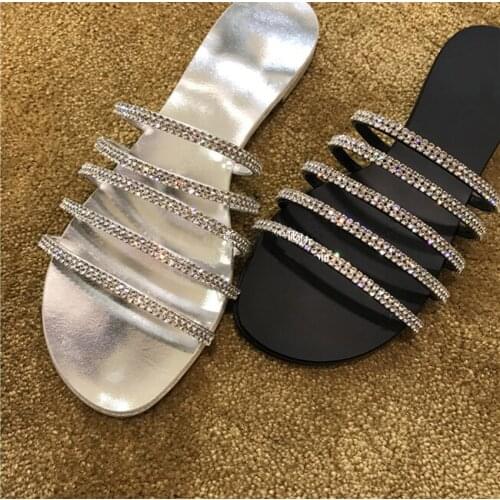Girls Silver Black Bling Rhinestone Thin Straps Flat Slipper Woman Glitter Crystal Straps Slide Peep Toe Leisure Beach Shoes