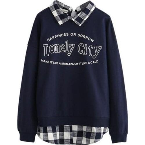 MERRY PRETTY Women Plaid Patchwork Letter Print Hoodies Winter Long Sleeve Turndown Collar Sweatshirts For Femme Preppy Pullover