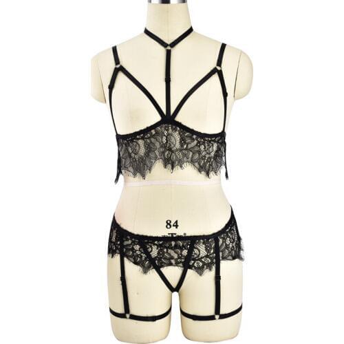 Lace Harness Top and Panties Black Elastic Body Harness Open Lingerie Set Erotic Women bdsm Lingerie Open Cup Bra Intimates