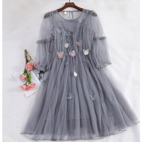 HISUMA Summer O-Neck Puff Sleeve Embroidery Butterfly Layer Flower Pleated Mesh Gauze Dress Lady Elastic Slim Waist Midi Dresses