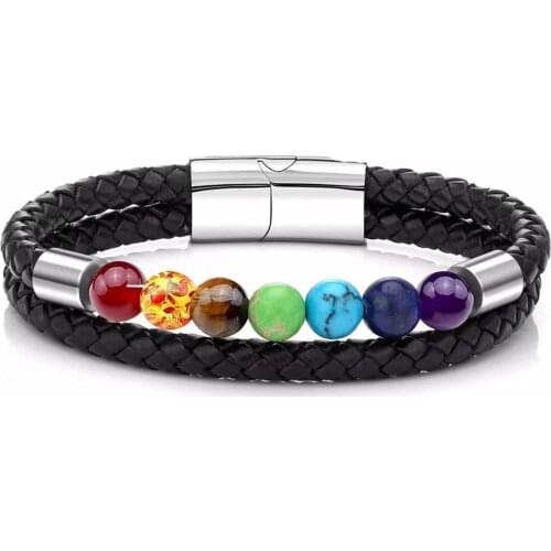 Natural round chakra beads stone mens bracelet classic black leather stainless steel bracelet 2021 fashion jewelry