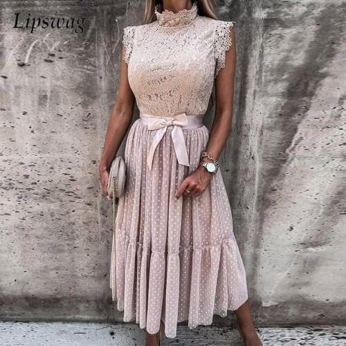 New Summer Sexy Lace Simple Party Womens Long Dress Bow Tie Belt Polka Dot Printing Dress Casual Slim Office Female Chic Dress