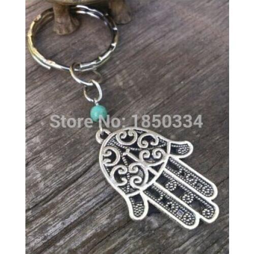 Wholesale 7PCS Hamsa Fatima Hand & Stone beads Charms Palm Keychain Fashion For Car Key Ring Accessories D27