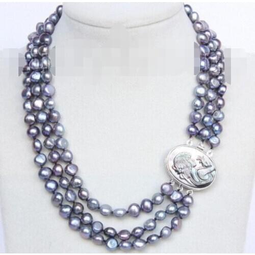 Baroque 16"-18" 3row 9mm gray pearls necklace seashell clasp j10078