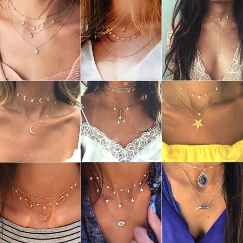 26 Style Women Personality Cross Map Wave Love Stars Moon Water Drop Gem Multilayer Necklace Fashion Chain Clavicle Necklace