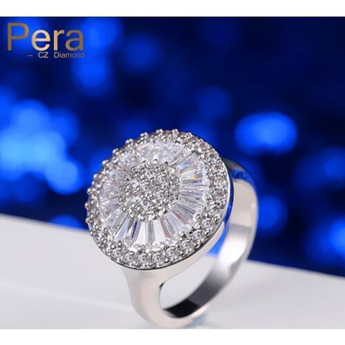 Pera New Fashion Design Big Clear White Micro Pave AAA+ Cubic Zirconia Sparkling Round Silver Color Engagement Party Ring R065