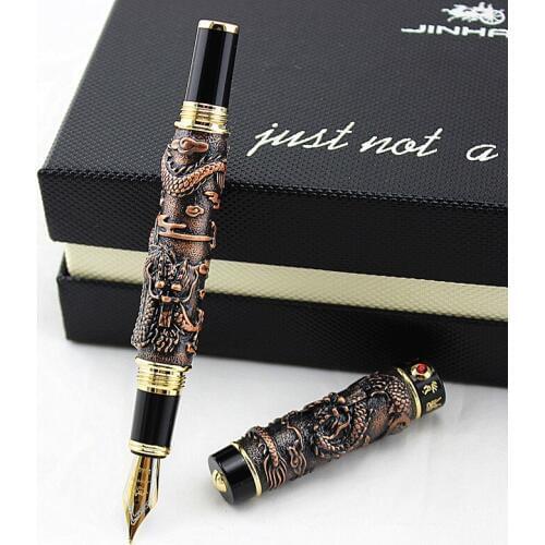 JINHAO ANTIQUE COPPER DRAGON PLAY PEARL FOUNTAIN PENS BROAD NIB