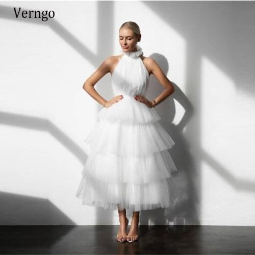 Verngo Simple Short White/Blush Pink/Blue Tulle Prom Dresses High Neck Tiered Short Bride Party Gowns Tea Length Formal Dress