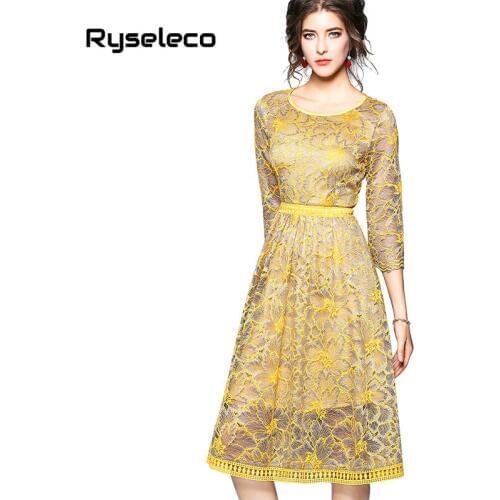 Ryseleco New High Quality Crochet Lace Patchwork Women Dress Fashion 3/4 Sleeve Mid-Calf Autumn Elegant Casual Party OL Dress