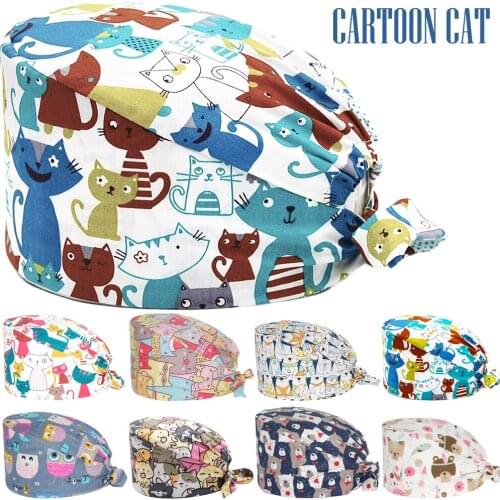 Scrub Cap 100% Cotton Adjustable Beauty Salon Health Surgicals Hat Nurse Uniform Accessories Cat Print Lab Scrubs Caps Wholesale