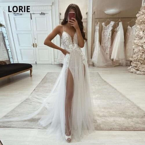 LORIE Boho Wedding Dresses Lace Spaghetti Strap Polka Dot Tulle High Side Split Wedding Gown with Detachable Train Bride Dress