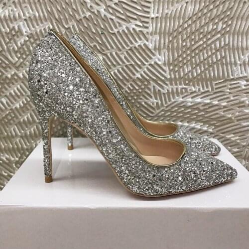 Bridesmaid Shoes 2021 Summer Silver Crystal Sequined Cloth Bridal Wedding Shoes Pointed Toe Sexy High Heels Pumps Single Shoes