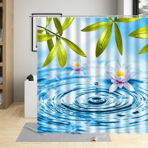 Lotus Spa Decor Shower Curtain Set Water Lily Flower Leaves Polyester Fabric Waterproof Bathroom Bath Curtains With 12 Hooks