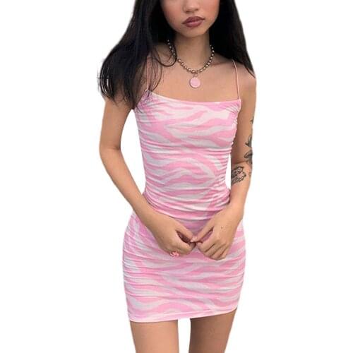 Womens Summer Sexy Backless Skinny Dress Off Shoulder Strap Fashion Zebra Pattern Suspender Short Dresses