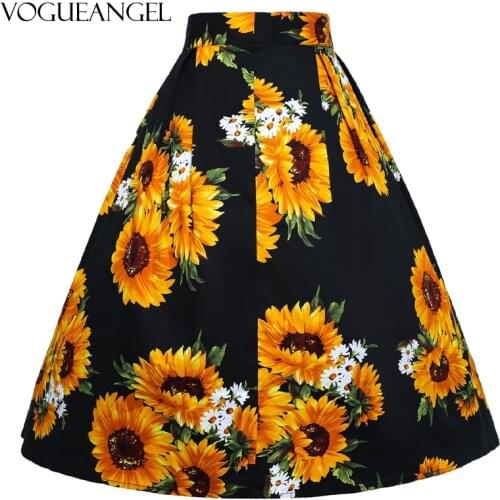 2021 Summer Vintage Casual Skirt Plus Size Floral Sunflower Printed Skater Skirts Swing Zipper Midi Women Pleated Retro Vestidos