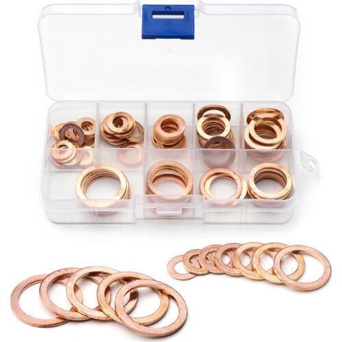 80PCS M6/M8/M10/M12/M14/M16/M18/M20 Solid Copper Crush Washers Spacer Flat Ring Oil Brake Sealing Kit Assorted Gaskets