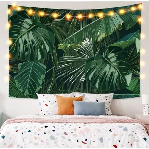 Green Plants Tapestry Tropical Palm Banana Leaves Wall Hanging Background Dorm Bedroom Boho Style Decoration Picnic Beach Mat