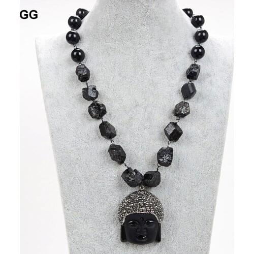 GuaiGuai Jewelry 21'' Natural Black Tourmaline Rough Necklace Matte Onyx Buddha Pendant