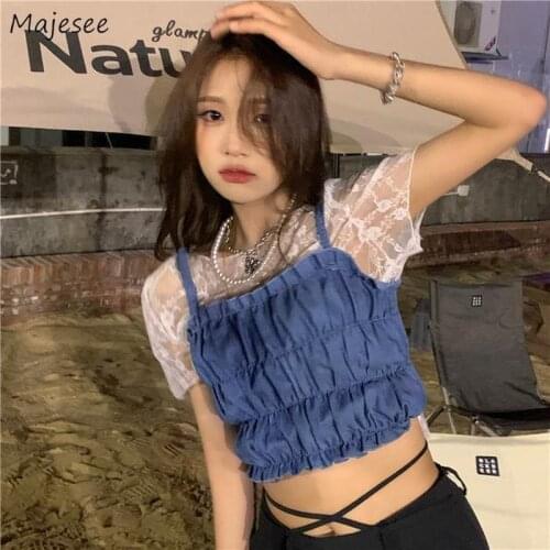 Sets Women Design Lace Top Camisole Sweet Basic Two Pieces Sexy Cropped Folds Slim All-match Quality Mujer Harajuku Aesthetic