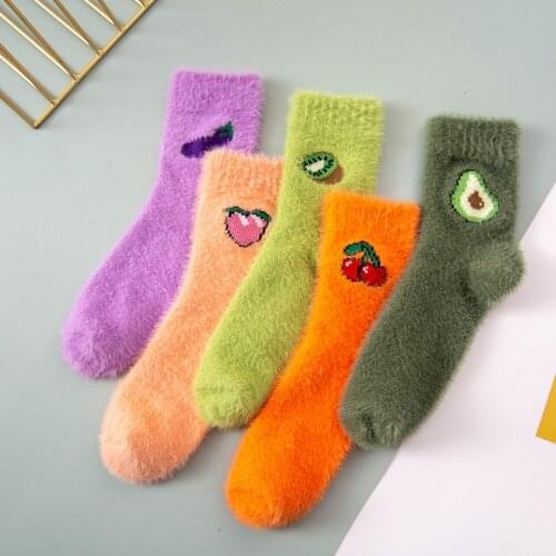 Coral Velvet Cotton Thicken Cashmere Short Socks Women Peach Fluffy Funny Lady Sock Cute Cherry Fashion Warm Casual Harajuku Sox