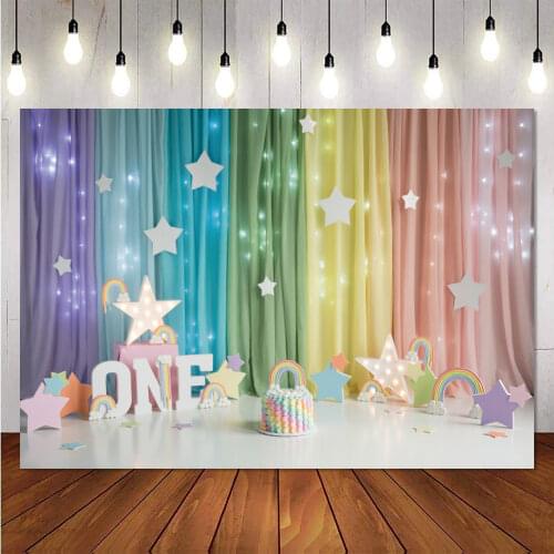 Laeacco 1st Birthday Party Colorful Curtain Fantasy Glliter Star Baby Backdrop Photoshoot Photography Background Photo Studio