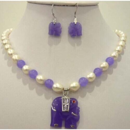 Hot sell White pearl purple jade elephant pendant necklace earring set
