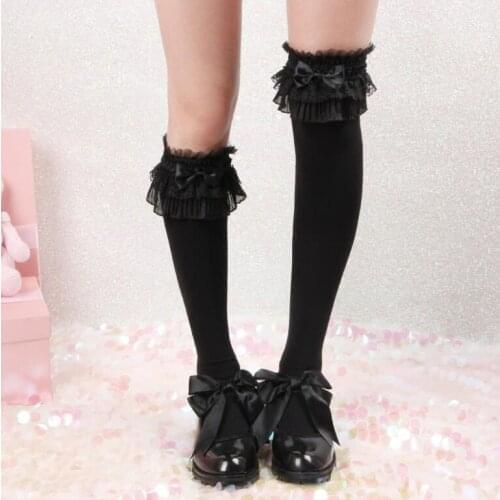 Lolita big lace stockings flower wedding velvet double lace jk calf socks over knee lolita socks