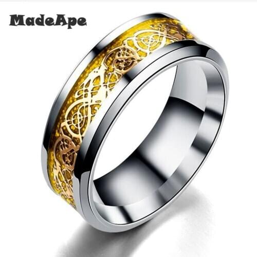 MadApe Luminous Plated Silver Color Ring Dark Golden Dragon Inlay Green Background Fashion Men Fluorescent Glowing Rings