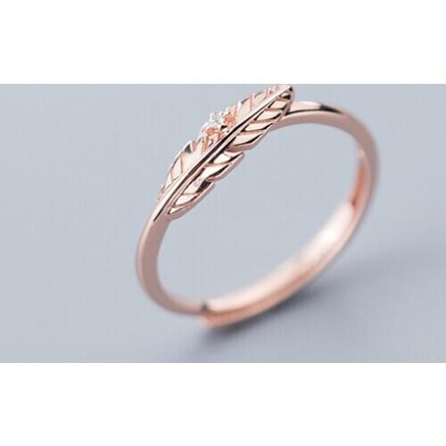 MloveAcc 100% 925 Sterling Silver Rose Gold Color Fashion Jewelry Feather Cocktail Ring Size Adjustable for Women Girls Kids