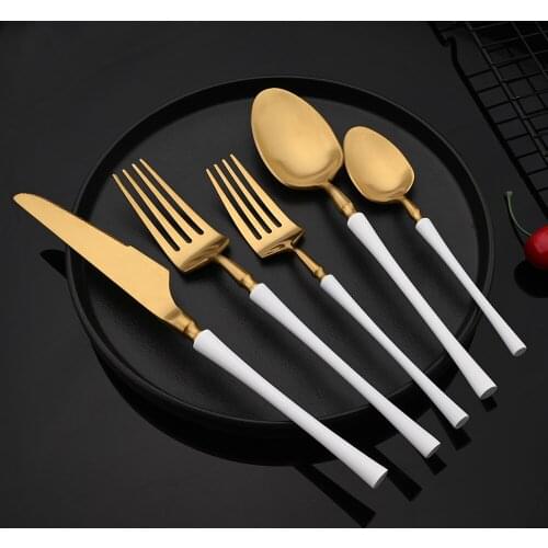 5Pcs Matte White Gold Dinnerware Cutlery Set 304 Stainless Steel Tableware Dessert Fork Spoon Knife Silverware Kitchen Flatware