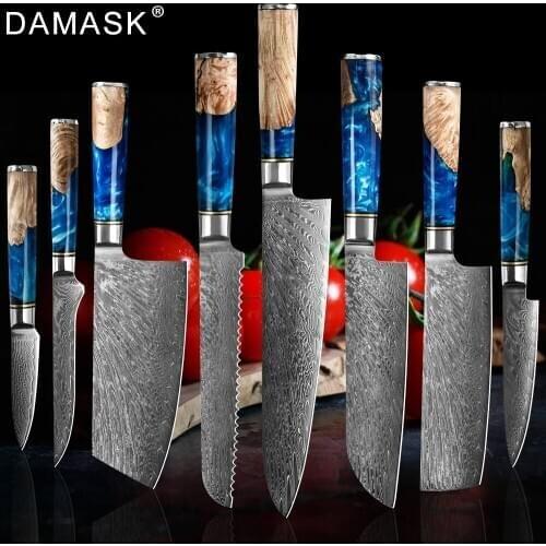 Damask 8Pcs Japanese Damascus Kitchen Knives Set 67 Layer VG10 Damascus Steel Chef Knives Bread Slicing Cleaver Santoku Tools