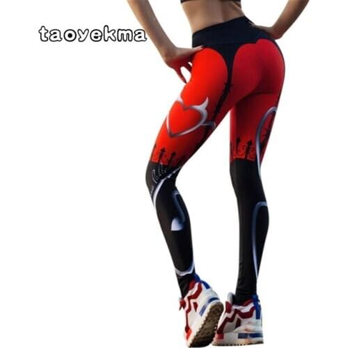 New Sexy Heart Print Leggings Women Red Black Patchwork Sporting Pants Fashion Printed Womens Fitness Leggings C48