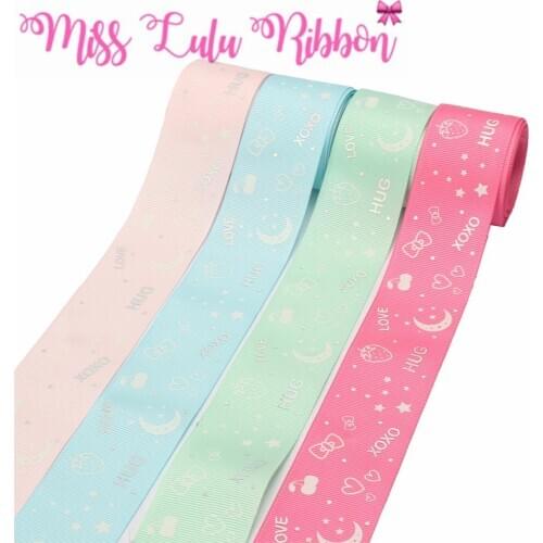 1-1/2"38mm White Ink Printing Glow in the Dark Sweet Hug Love Printed Solid Color Grosgrain Ribbon DIY Bowknots 50yards/roll