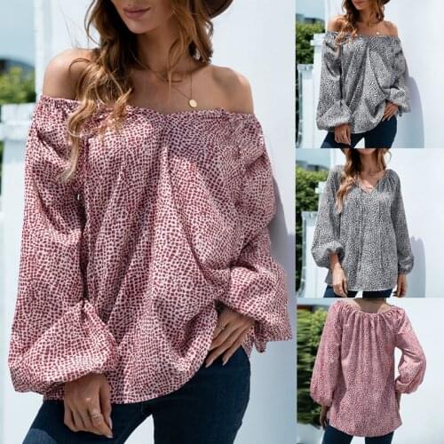 Hot Kf-Casual Womens Shirt Chic Top Women Autumn Leopard Chiffon Long Lantern Sleeve Shoulder Strap Loose Shirts