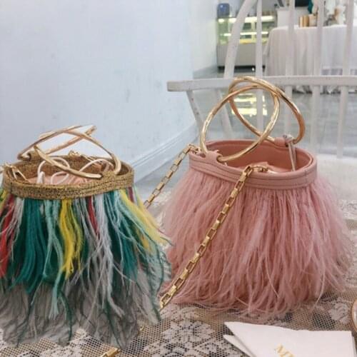 Luxury Handbags Women Bucket Bags Designer Ostrich Feather Totes Hood Rings Dinner Evening Clutch Bag Chain Purse