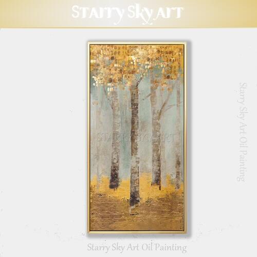 Long Size Hand-painted High Quality Abstract Golden Tree Oil Painting Special Landscape Gold Tree Oil Painting for Living Room