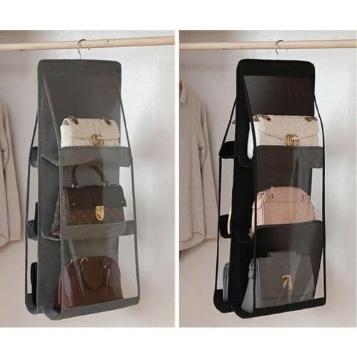 6 Pocket Folding Hanging Large Clear Handbag Purse Storage Holder Anti-dust Organizer Rack Hook Hanger