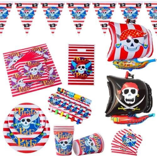 Pirate Theme Halloween Birthday Party Decorations Disposable Tableware Set Paper Cup Straw Plate Tablecloth Balloon Kids Toys
