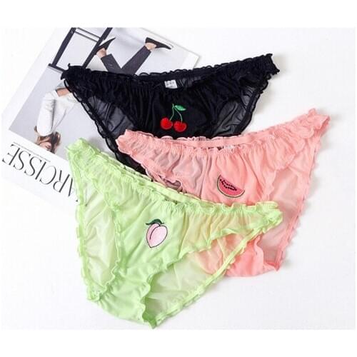 Women Female Briefs Sexy Fruits Printing Low Waist Breathable Ruffle Lingerie Panties Briefs Underwear Funny Transparent Panties