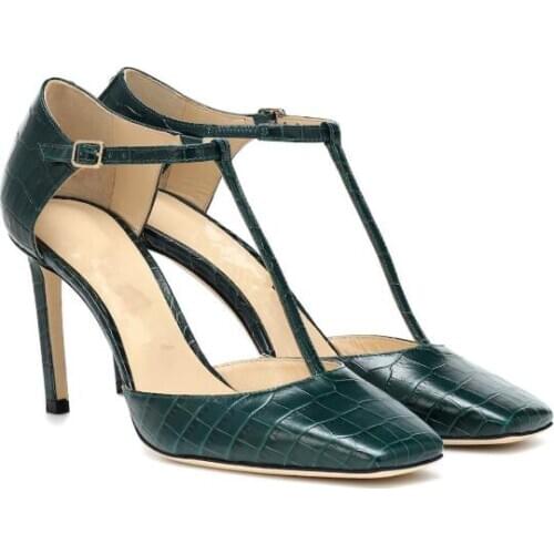 Moraima Snc Spring Square Toe High Heel Shoes Sexy T-strap Thin heels Woman pumps Big Size Leather Dress Heels Green Black