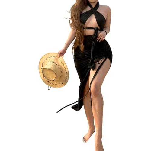 XLLAIS Bandage Halter Neck Tank Tops Ruched Drawstring Split Skirts Two Piece Sets Women Summer New Style Holiday Cute Outfits