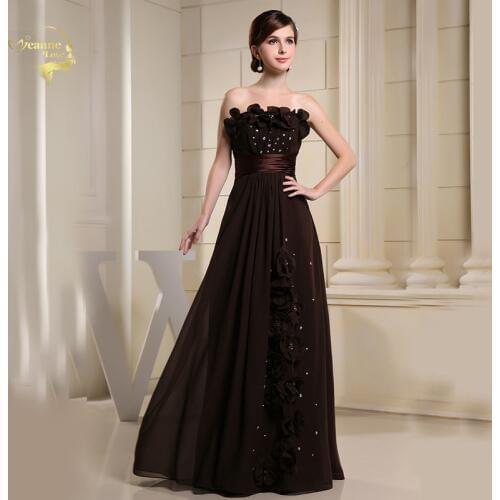 Brown Strapless Chiffon Crystal Flowers Long Women Evening Dresses For Weddings Party Dinner Prom Formal Gown Vestidos Longo FG8