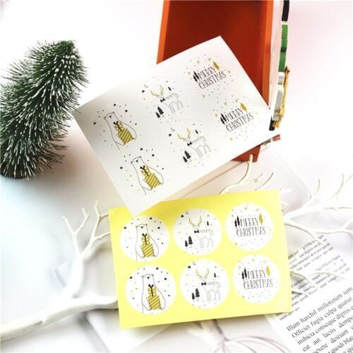10 Sheets 60Pcs Round Merry Christmas Golden Bear Deer Packaging Sealing Label Kraft Sticker Baking DIY Gift Stickers 2020