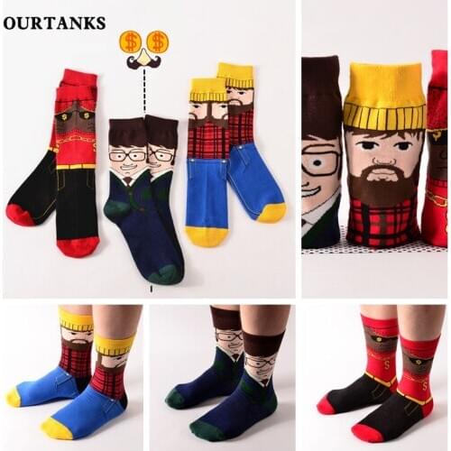 2017 New Korean mens cotton In tube socks Cartoon Art Socks