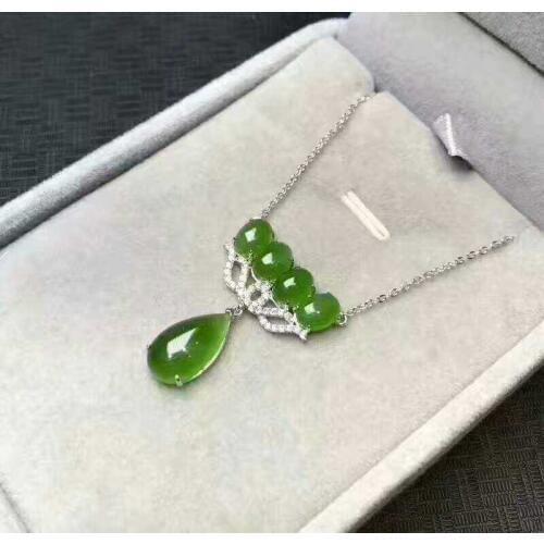 925 Silver Natural Green HeTian Yu Gem Inlay Dangle Design Lucky Pendant + Chain Necklace + certificate Fine Jewelry